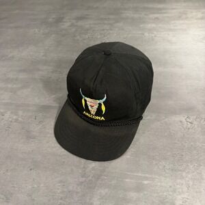 Vintage YoungAn Arizona Bull Skull Snapback Rope Hat Black Cap Faded Western